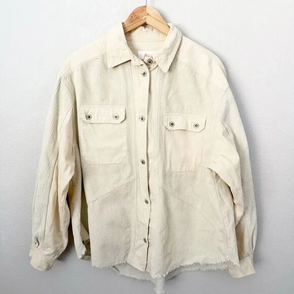 THREAD & SUPPLY | Ivory Ecru Corduroy Shacket Shirt Jacket Button Raw | Small - Picture 2 of 10